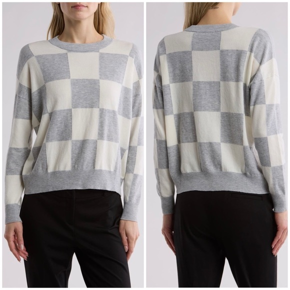 T Tahari Sweaters - T Tahari Gray and Cream Crew Neck Sweater with Checkered Pattern
